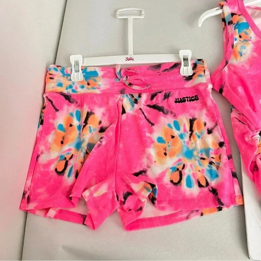 Justice Girls Cinch Side Tank & Short Outfit Set Size Large (12/14) Pink Tie-Dye